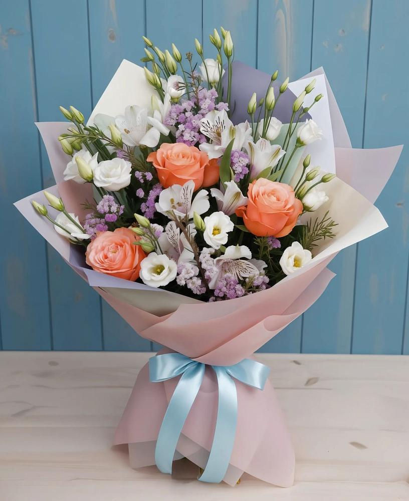 Букет цветов из: Лизиантусы, Розы, Альстромерии и Гипсофила в Кондинское