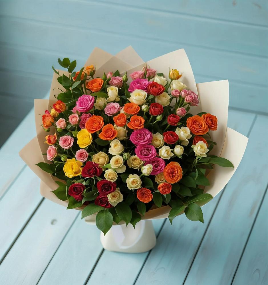 Букет Микс из разноцветных кустовых роз в Кондинское