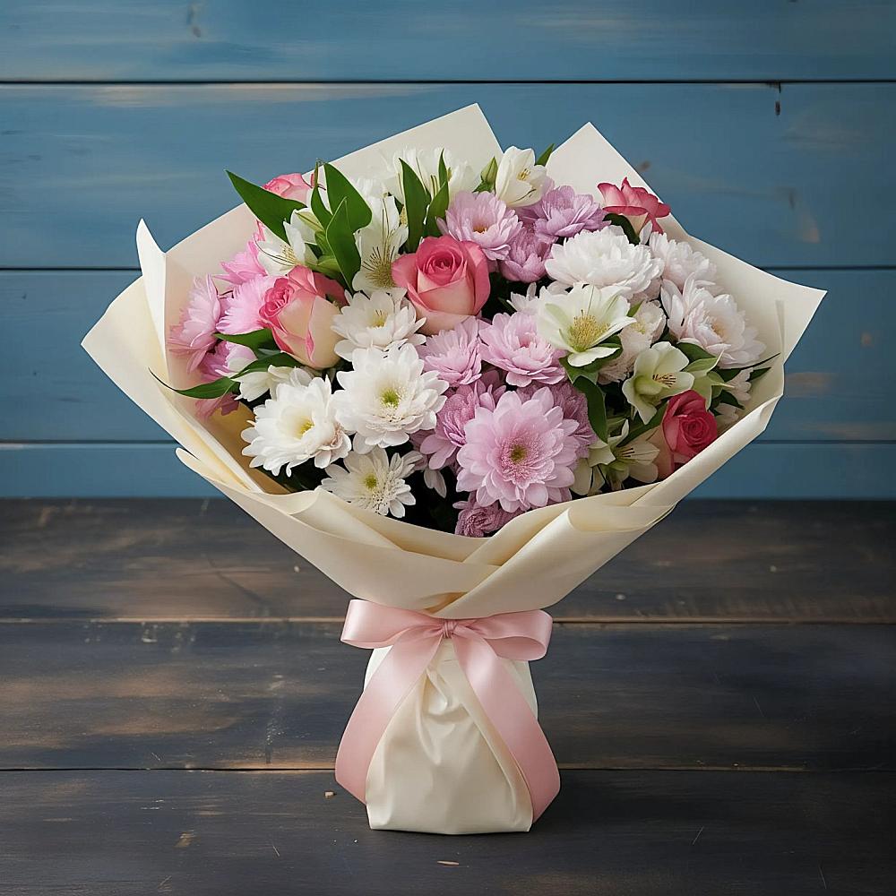 Букет цветов из: Хризантемы, Альстромерии и Розы в Кондинское